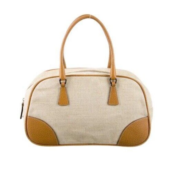 Prada Cinghiale Trimmed Beige Canapa Bowler Bag Camel Leather Handles - Picture 1 of 7